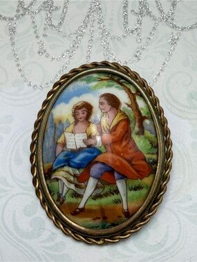Vintage Hand-Painted Porcelain Scenic Brooch Limoges #p18